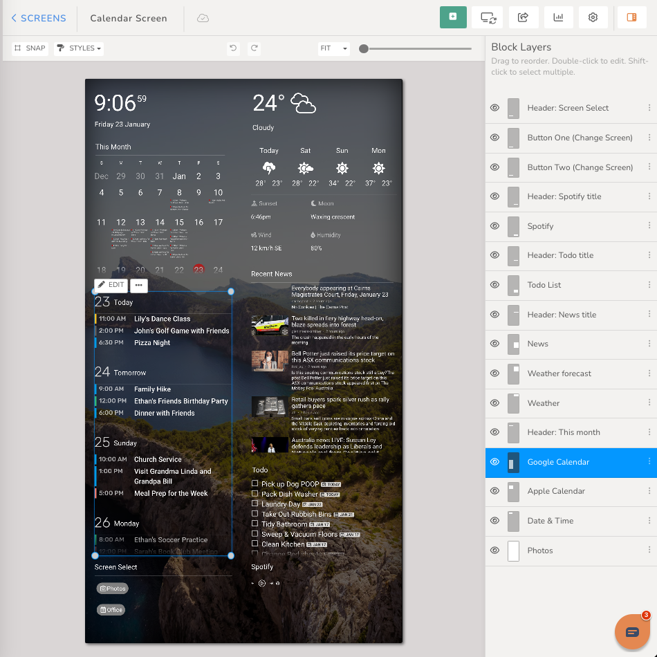 DAKboard Customisable Screen Layout